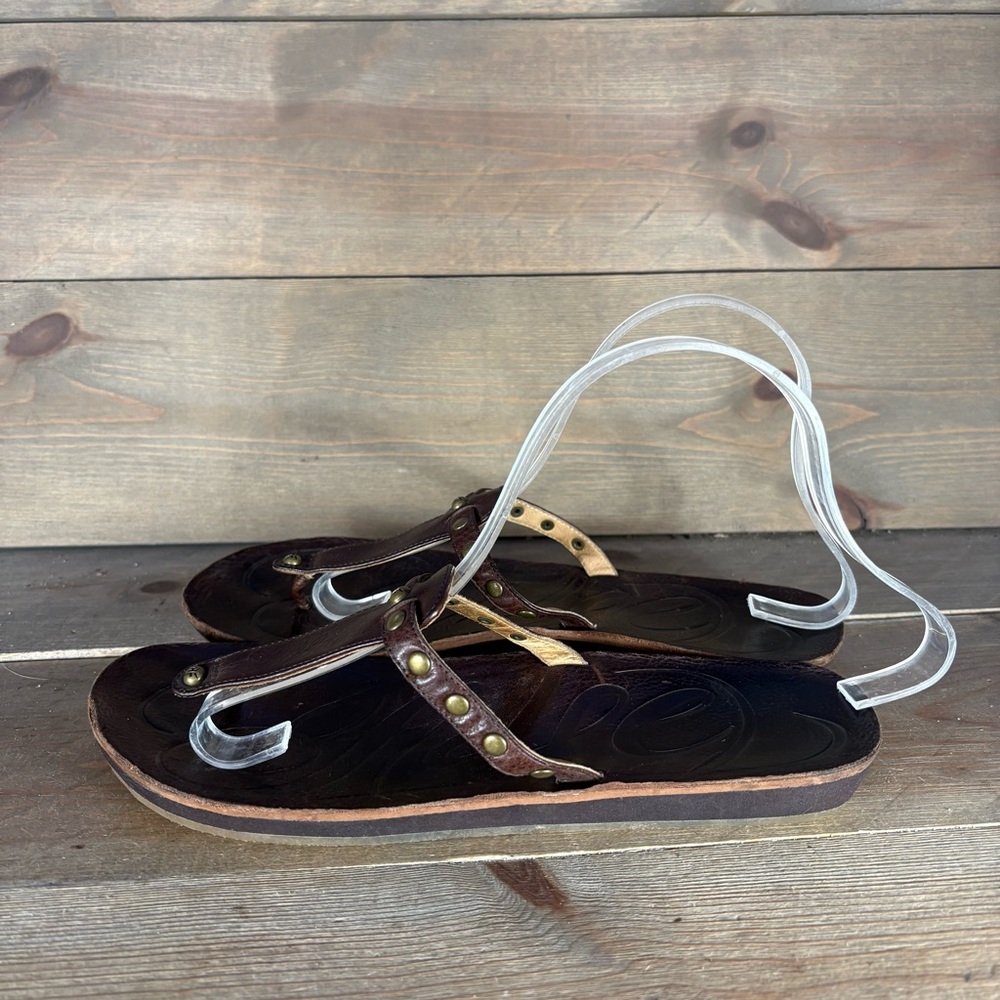 frye jessica womens size 8.5 shoes brown leather studded slip on thong sandals
